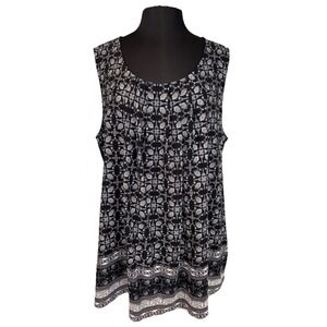 NEW ellumiNation Print Overlay Swing Tank Top Women Size 2X Black‎ White Stretch
